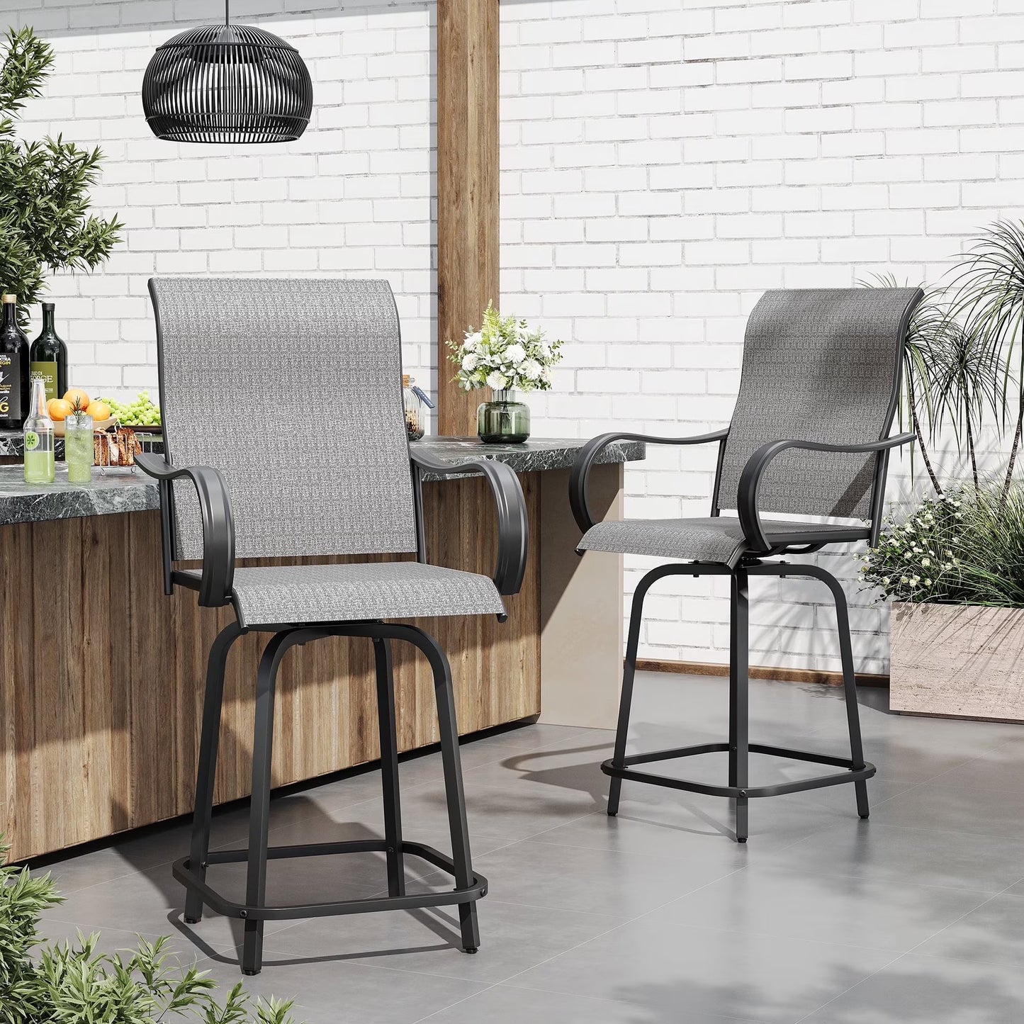 ECOPATIO Outdoor Swivel Bar Stool Collection Kids High Back Weather-Resistant - Set of 2, Light Gray