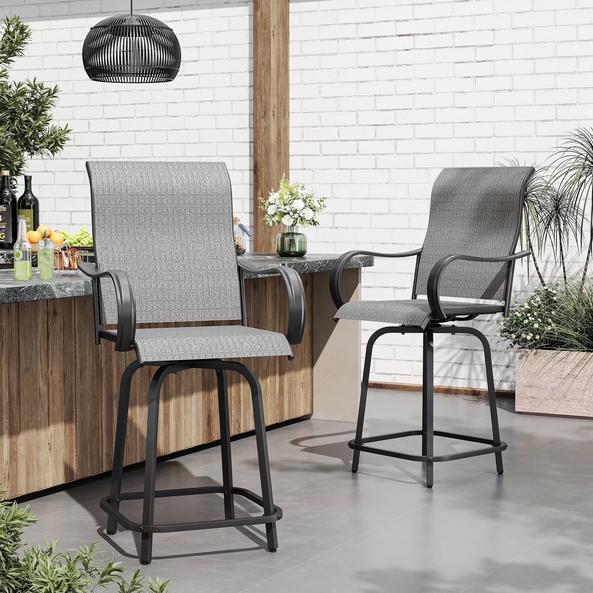 ECOPATIO Outdoor Swivel Bar Stool Collection Kids High Back Weather-Resistant - Set of 2, Light Gray