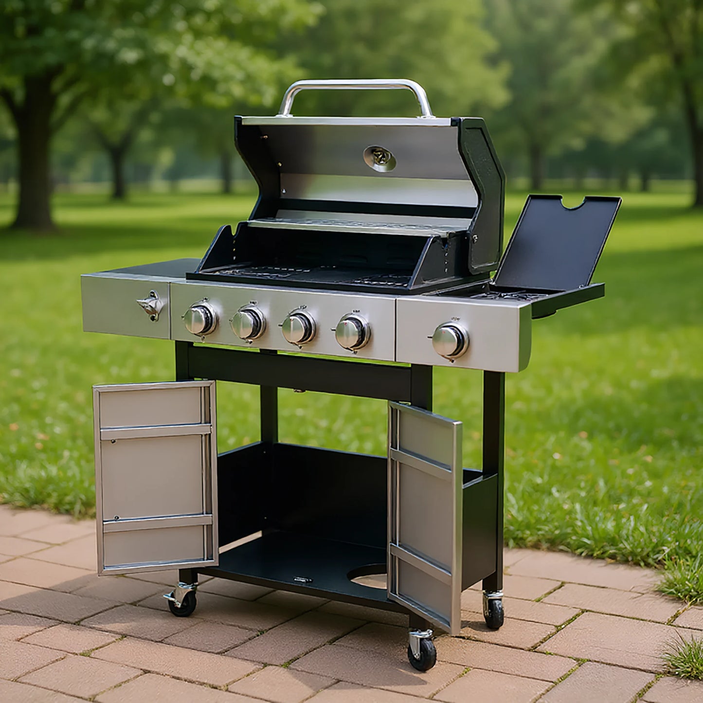 Kosynda 4-Burner Propane Gas BBQ Grill with Side Burner, 46790BTU Stainless Steel Grill Patio Garden Barbecue Grill for Outdoor Cooking, Silver