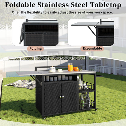 Euroco Outdoor Rolling Bar Cart with Foldable Stainless Steel Tabletop, Storage Cabinet, Bottle Opener & Lockable Wheels, PE Rattan Patio Kitchen Serving Station for BBQ & Entertaining