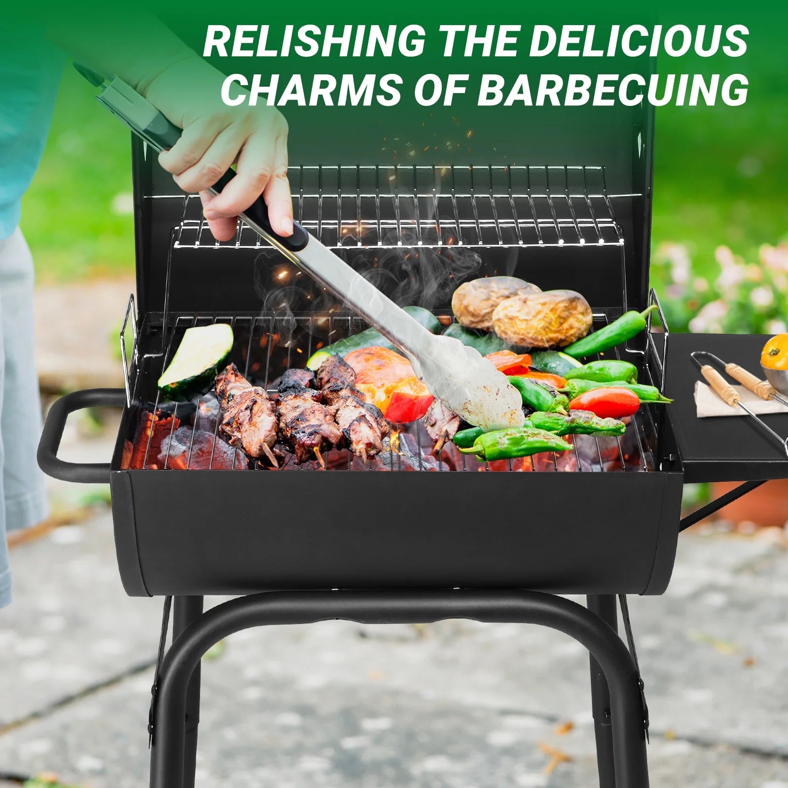 Charcoal Grills Outdoor BBQ Grill, Barrel Charcoal Grill with Side Table and Wheels, for Outdoor Backyard Camping Picnics Patio and Parties