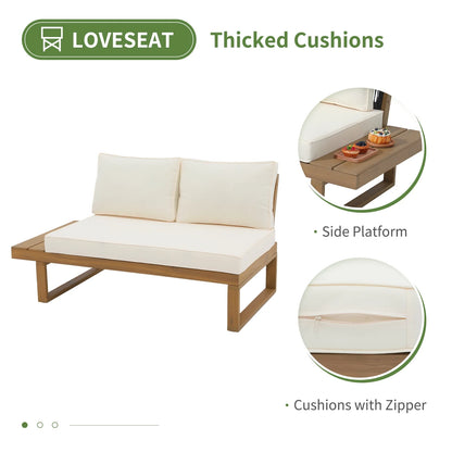 OC Orange-Casual Outdoor 4-Piece Acacia Wood Furniture Set, All-Weather Patio Sectional Sofa Set, Rope Lounge Couch with Wood Table, Cream White Cushion
