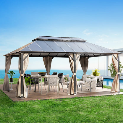 EROMMY 12x20FT Hardtop Gazebo, Permanent Outdoor Aluminum Patio Gazebo with Double Roof, Curtains and Netting Included
