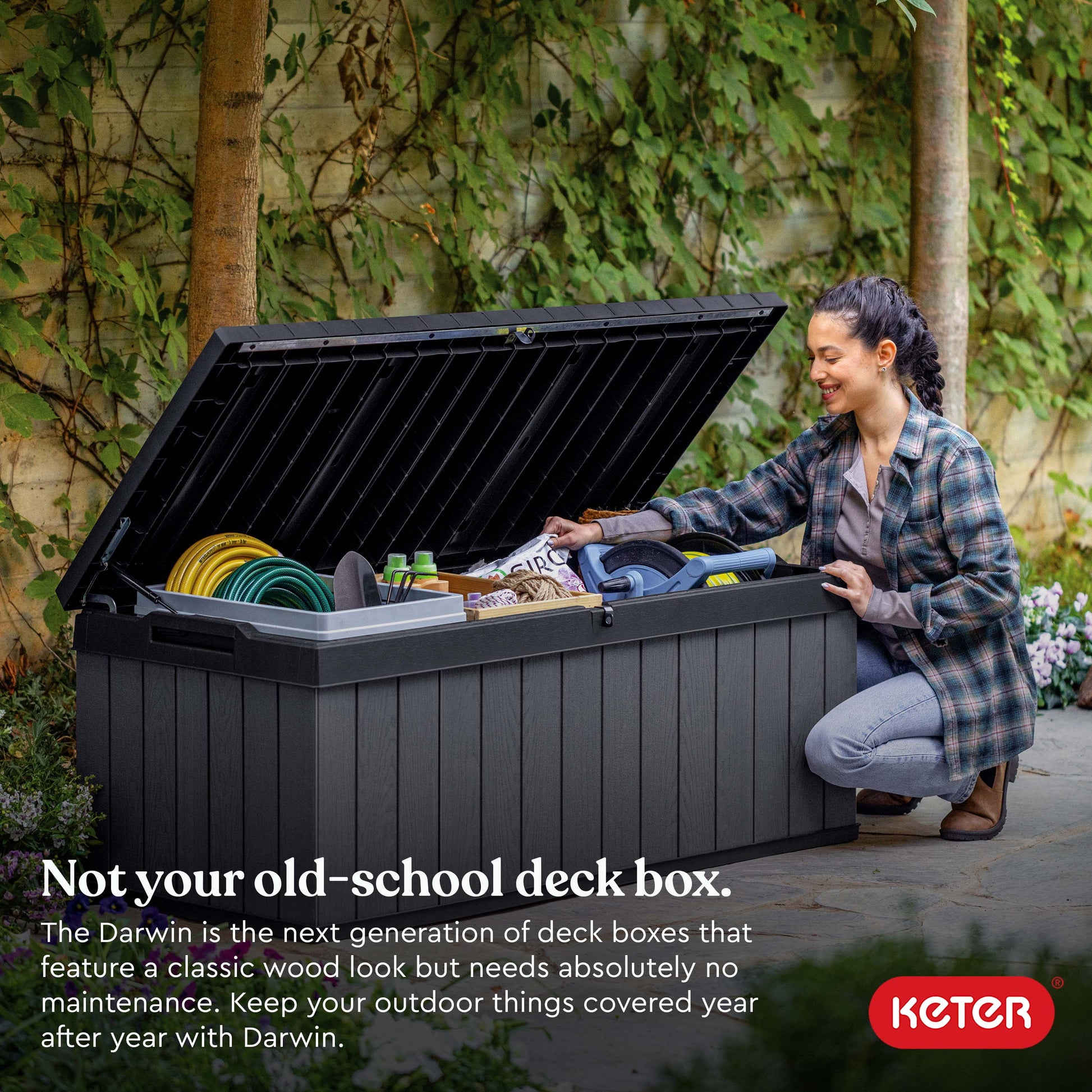 Keter Darwin 100 Gallon Large Resin Deck Box for Patio Outdoor Storage, Grey
