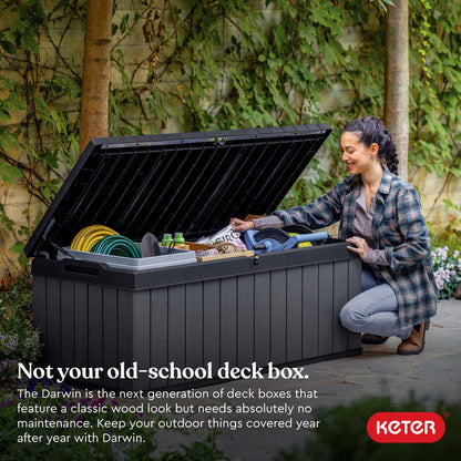 Keter Darwin 100 Gallon Large Resin Deck Box for Patio Outdoor Storage, Grey