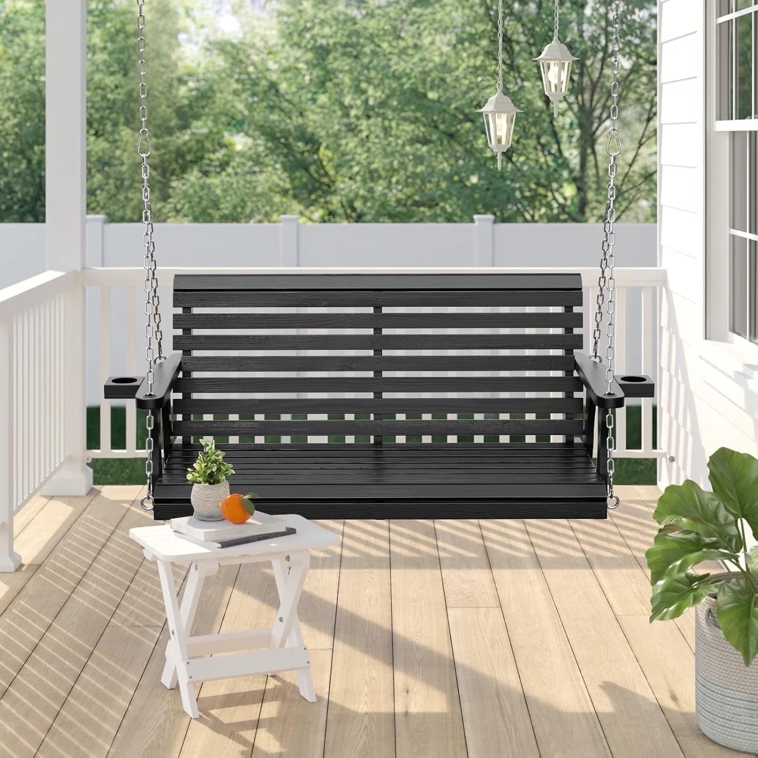 SOLAURA 2 Seat Outdoor Wooden Porch Swing with Cup Holders, Hanging Patio Swing with Hanging Chains, Swing Bench Chair for Backyard Garden Balcony, 440lbs Weight Capacity, Brown