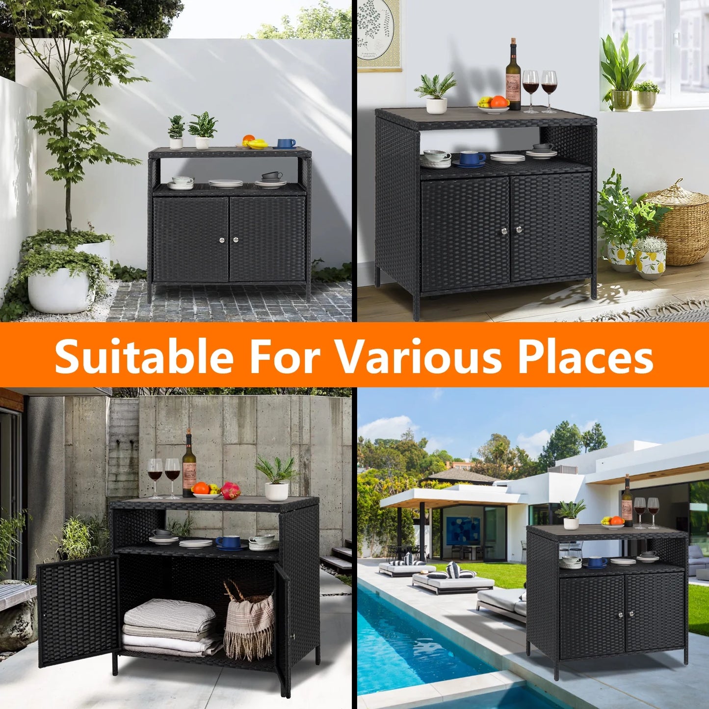 Faitaliicy Outdoor Wicker Rattan Storage Cabinet With Shelf Powder Coated Steel Patio Storage Box Bar Table With 2-Door Outdoor Freestanding Storage Unit For Patio Pool Garden Indoor Kitchen