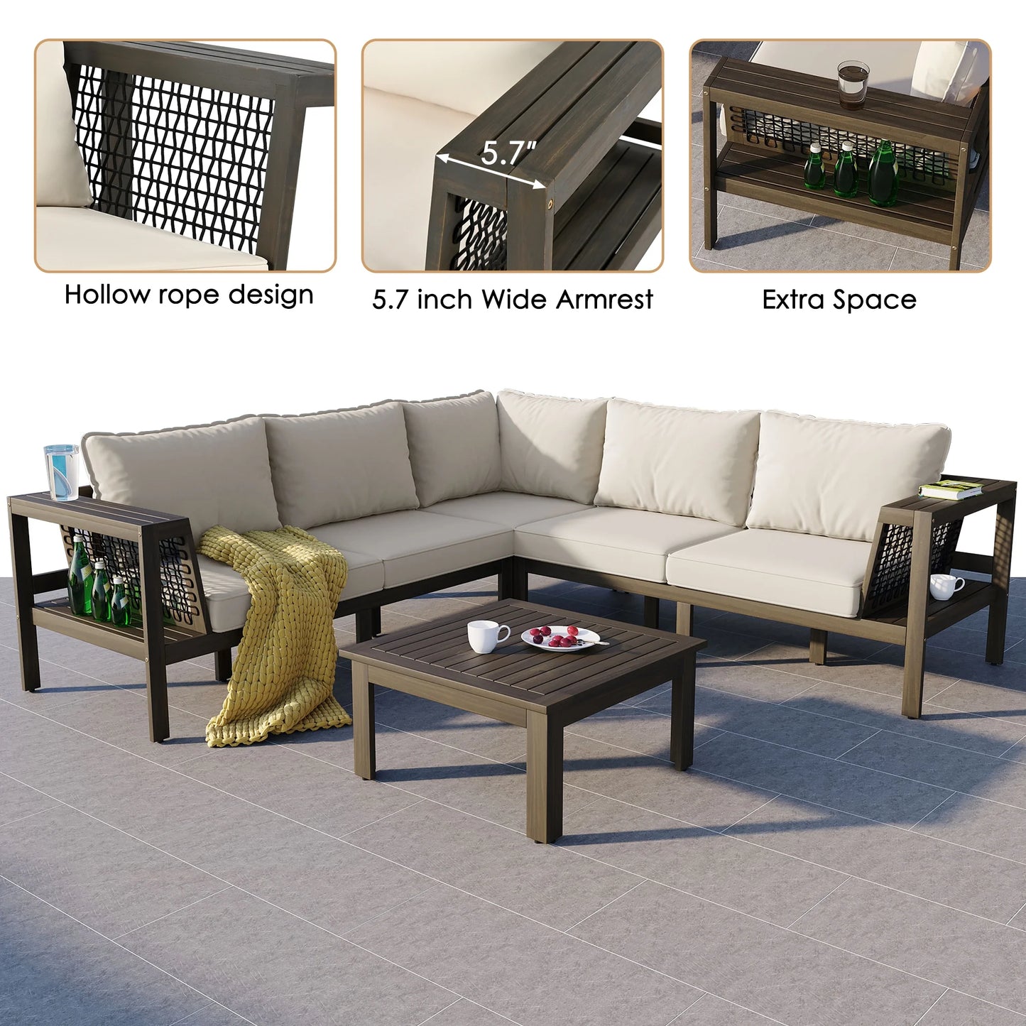 Harper & Bright Designs Patio L-Shaped Conversation Sectional Sofa Set with Coffee Table, Outdoor Acacia Wood Seating Group with Side Table for Backyard Garden, Beige, Grayish Brown