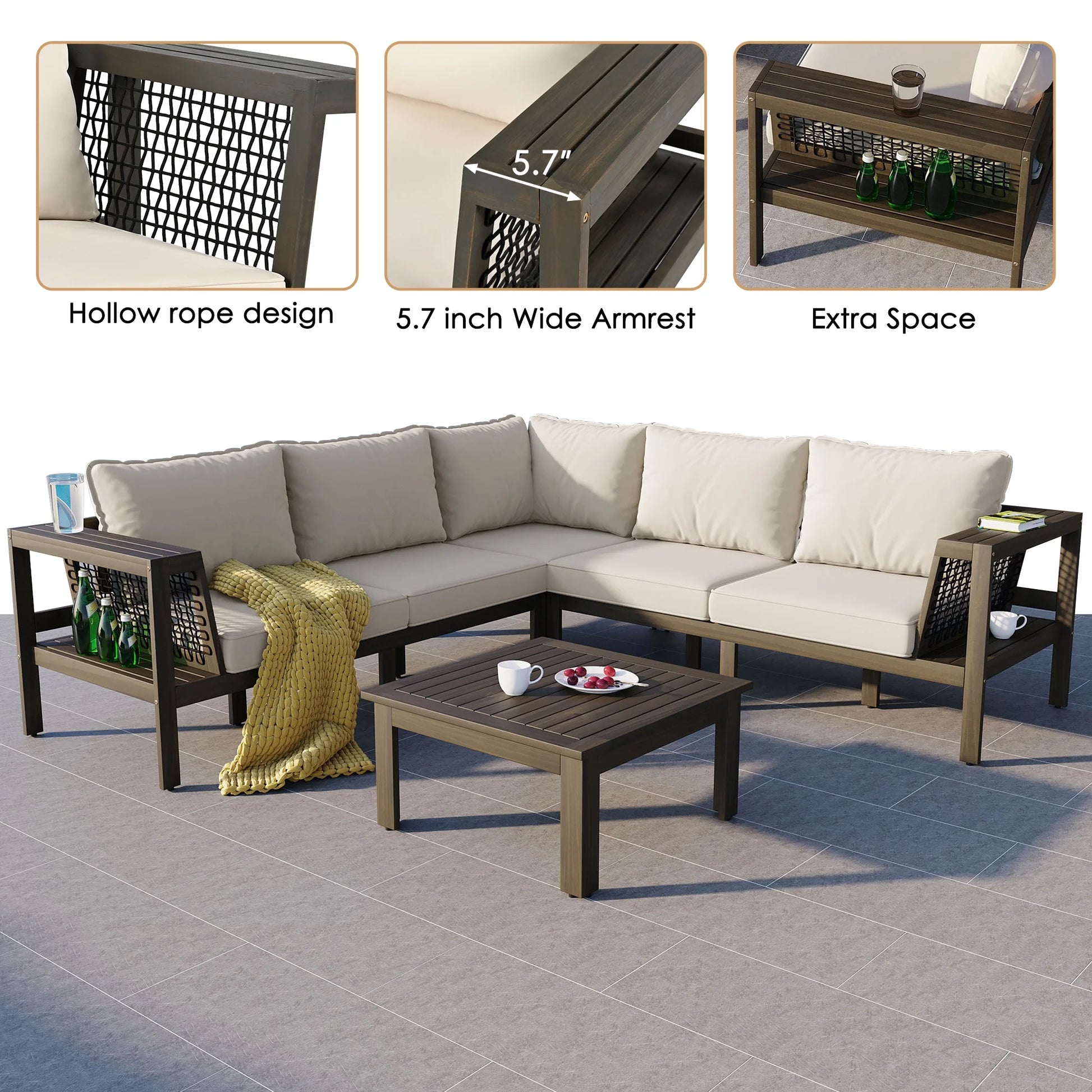 Harper & Bright Designs Patio L-Shaped Conversation Sectional Sofa Set with Coffee Table, Outdoor Acacia Wood Seating Group with Side Table for Backyard Garden, Beige, Grayish Brown