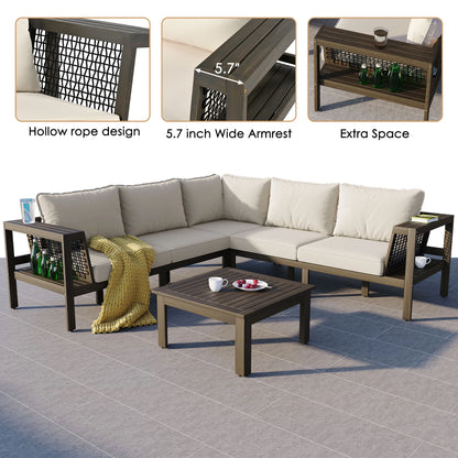 Harper & Bright Designs Patio L-Shaped Conversation Sectional Sofa Set with Coffee Table, Outdoor Acacia Wood Seating Group with Side Table for Backyard Garden, Beige, Grayish Brown