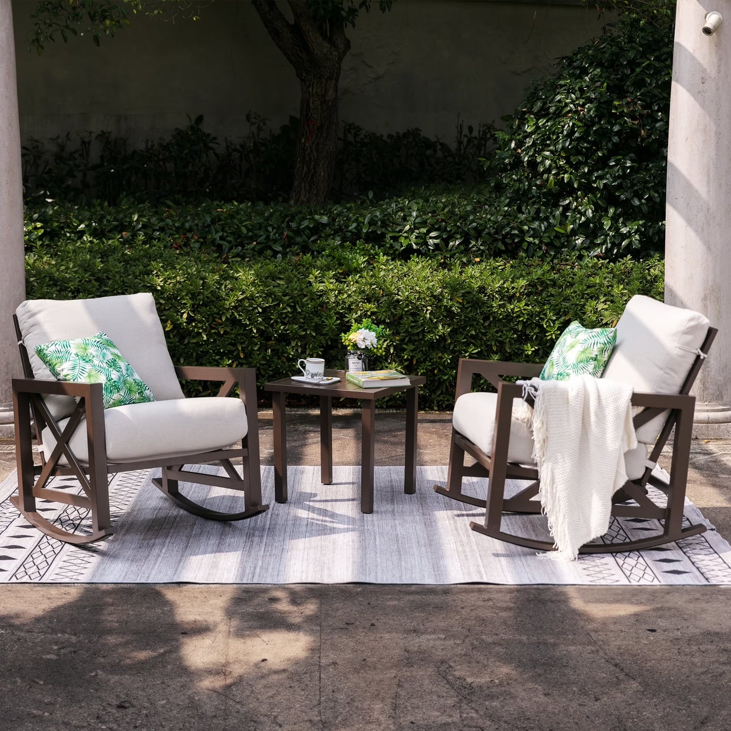NATURAL EXPRESSIONS Sunbrella Rocking Bistro Set, 3 Piece Outdoor Patio Conversation Furniture Set with 6.5'' Thick Cushions Wood Grain Finish Frame for Backyard,Porch,Poolside