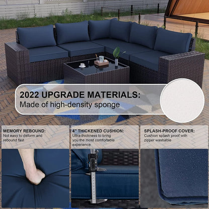 Gotland Outdoor Patio Furniture Set 6 Pieces Sectional Rattan Wicker Sofa Set Patio Conversation Set, Navy Blue