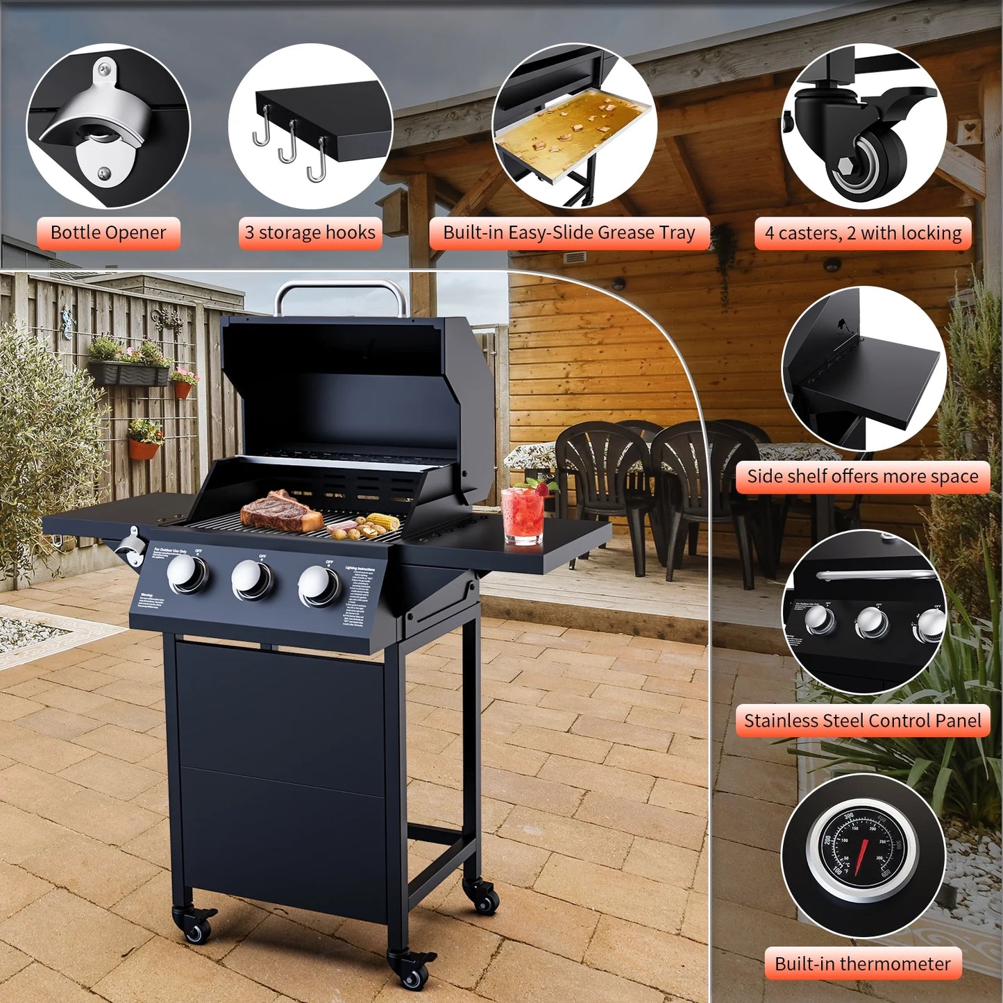 3-Burner Propane Gas Grill with 2 Foldable Side Tables, 30,000 BTU Outdoor BBQ Grill, Built-in Thermometer, Easy Assembly for Patio, Backyard BBQ
