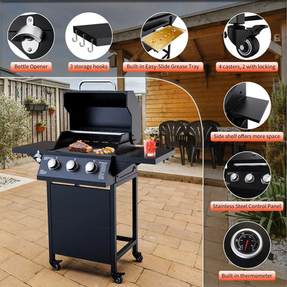 3-Burner Propane Gas Grill with 2 Foldable Side Tables, 30,000 BTU Outdoor BBQ Grill, Built-in Thermometer, Easy Assembly for Patio, Backyard BBQ