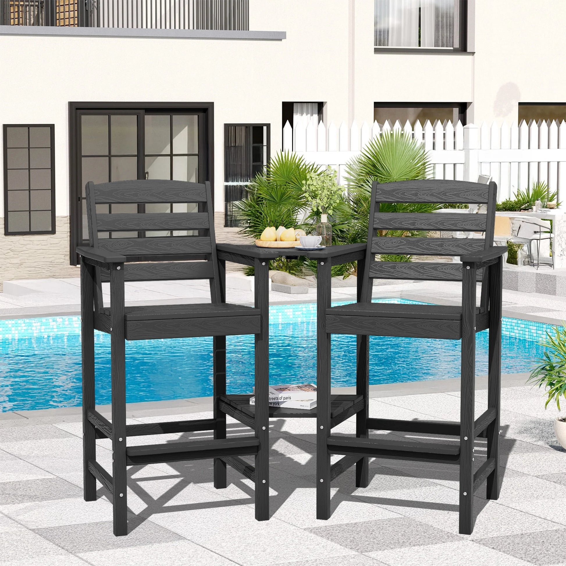 JUSTLET Tall Adirondack Chair Set of 2 with Double Connecting Tray, HDPE Weather Resistant Patio Bar Stools, Grey