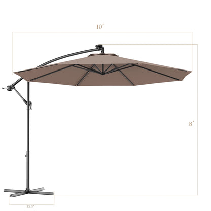Costway 10' Hanging Solar LED Umbrella Patio Sun Shade Offset Market W/Base Tan