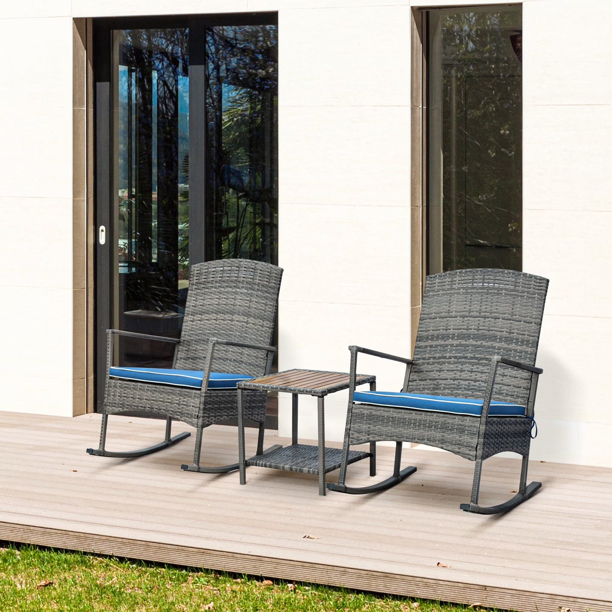 Outsunny 3Piece Wicker Rocking Chair Patio Furniture Set, Gray