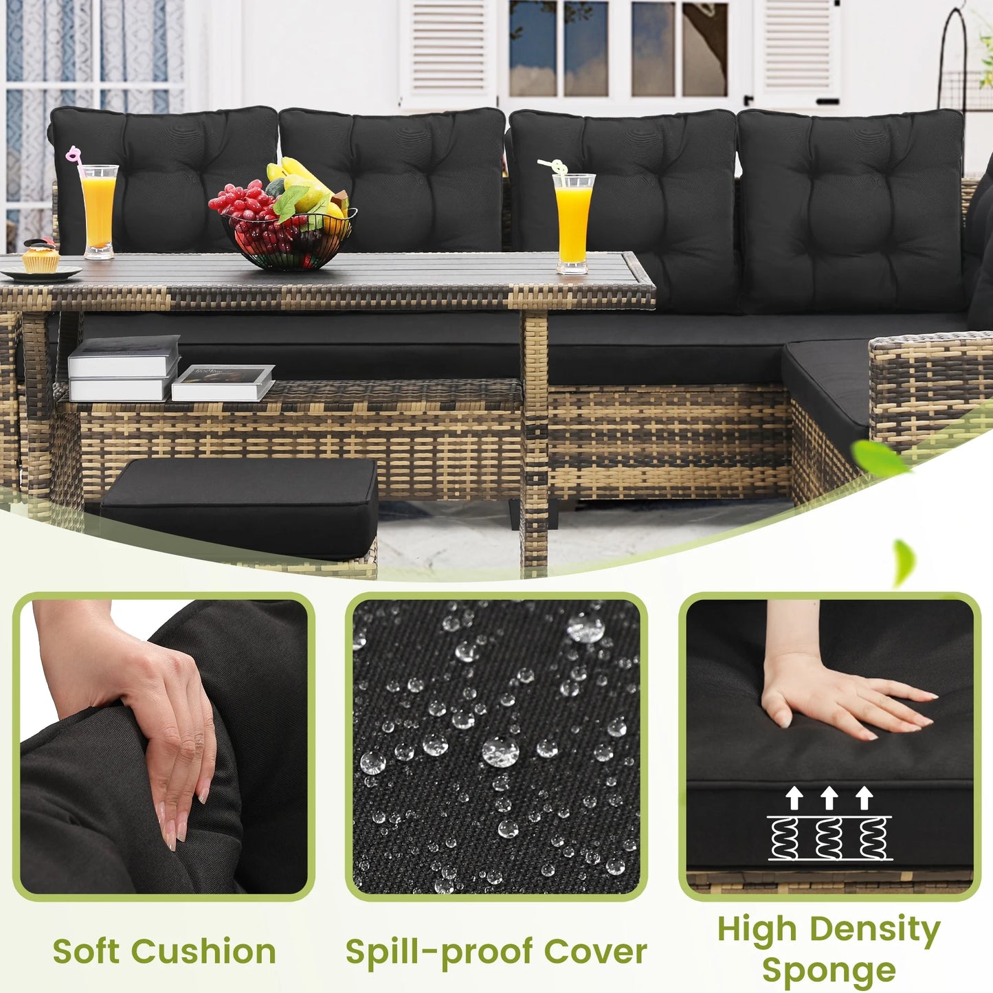 LOGYAT 6 Piece All Weather Outdoor Sectional Set, with 2 Sofas, 2 Ottomans with 1 Table, Patio Conversation Furniture for Deck, Garden, Natural Wicker and Black Cushions