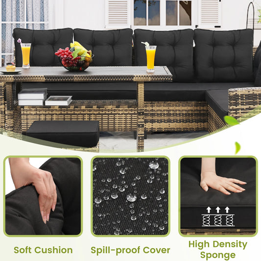 LOGYAT 6 Piece All Weather Outdoor Sectional Set, with 2 Sofas, 2 Ottomans with 1 Table, Patio Conversation Furniture for Deck, Garden, Natural Wicker and Black Cushions