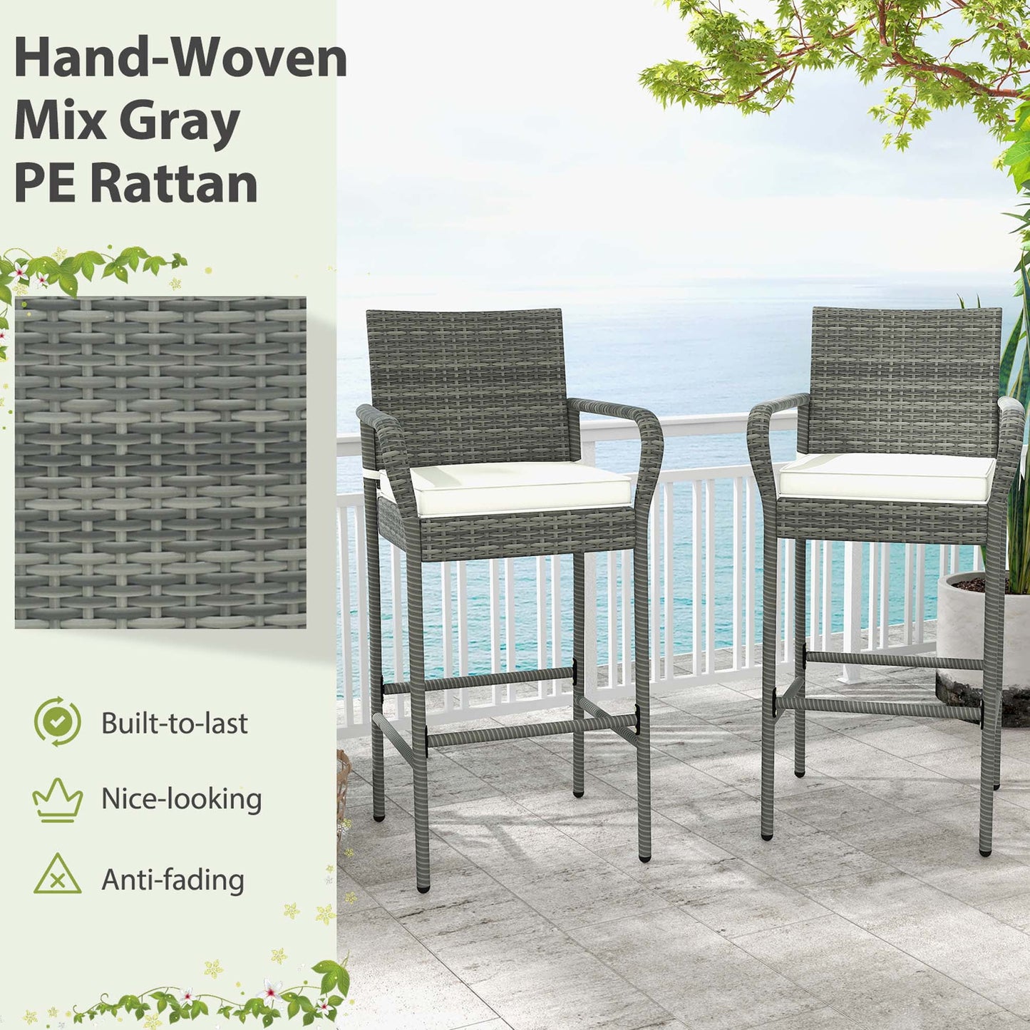 Costway Patio Wicker Barstools Set of 2 with Armrests & Soft Cushions Stable Metal Frame