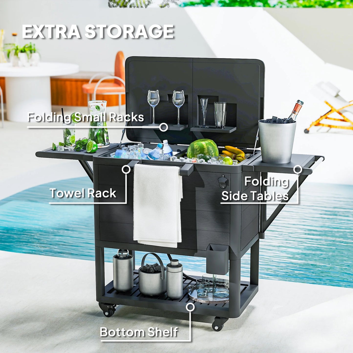 Outsunny 104 Quart Patio Cooler Cart, Outdoor Beverage Rolling Ice Chest with Bottle Opener and Shelves for Pool Deck BBQ Cookouts Party, Black
