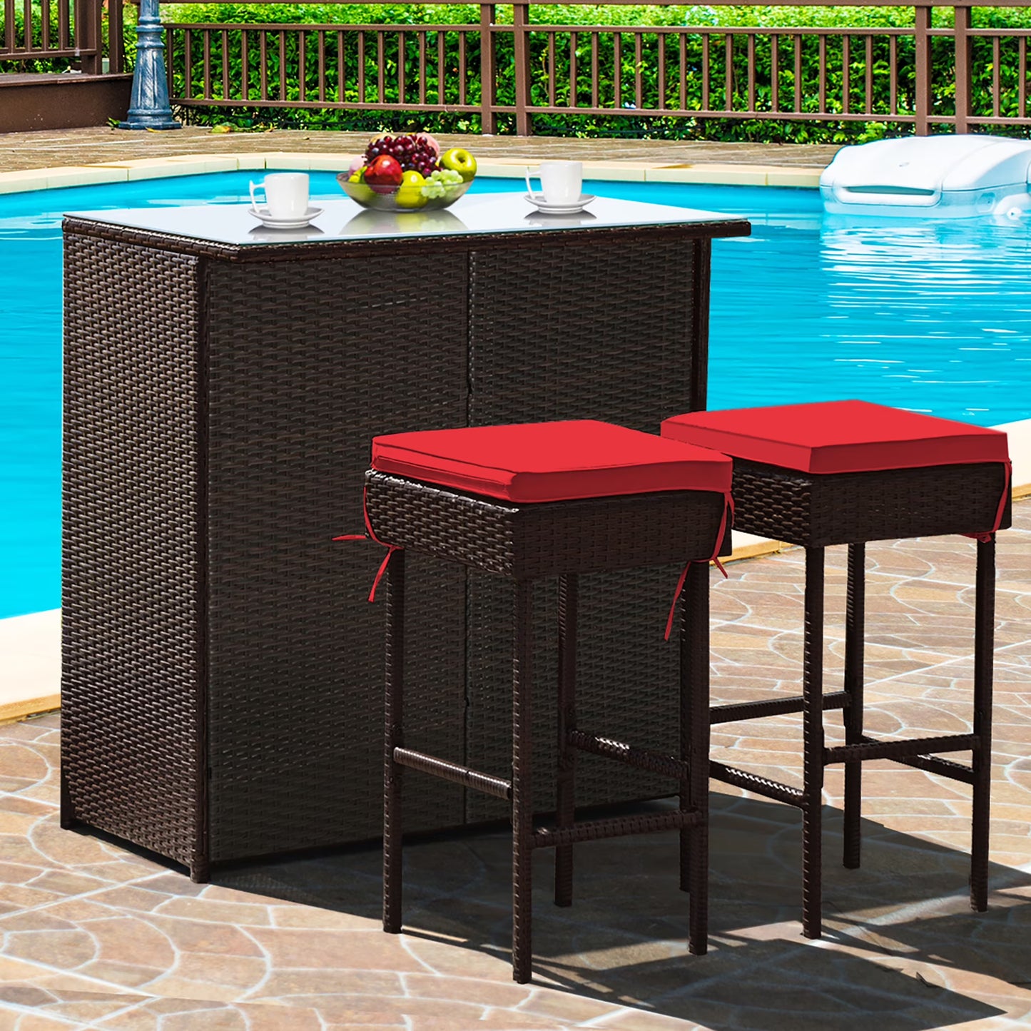 Costway 3PCS Patio Rattan Wicker Bar Table Stools Dining Set Cushioned Chairs Garden