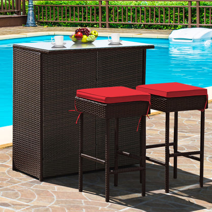 Costway 3PCS Patio Rattan Wicker Bar Table Stools Dining Set Cushioned Chairs Garden