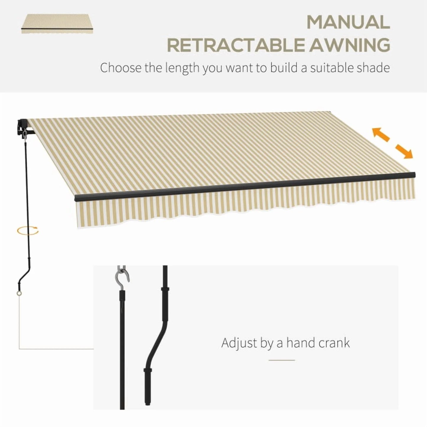 Outsunny 12' x 10' Retractable Awning, Patio Awning Sunshade Shelter with Manual Crank Handle, 280gsm UV Resistant Fabric and Aluminum Frame for Deck, Balcony, Yard, Beige and White On-Site