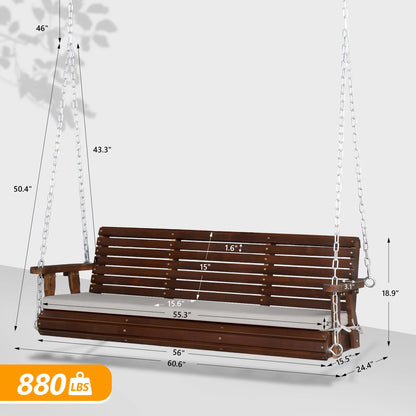 VINGLI Rustic Patio Swing, 5 FT, Adults, Wooden Frame, Porch Swing with Cushions, Chains, Rustic