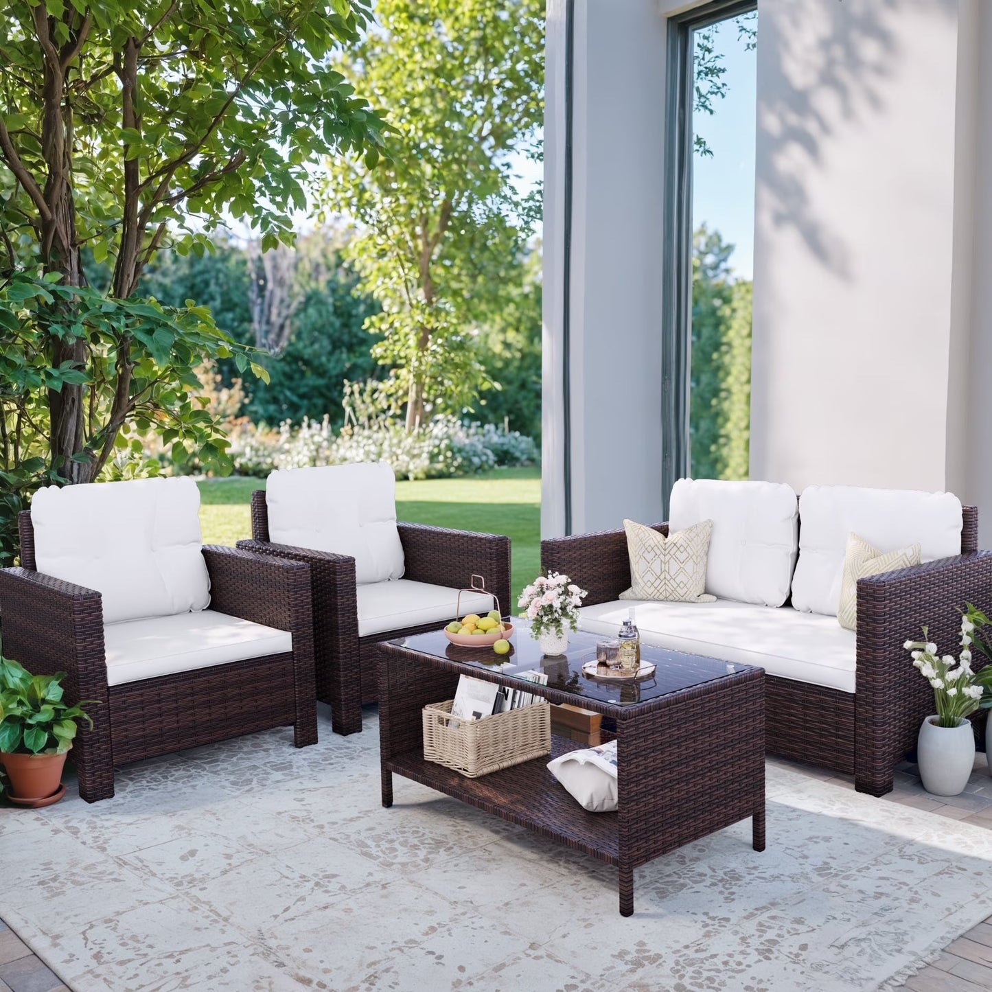 Lacoo 4 Pieces Patio Furniture Sets Rattan Chair Wicker Conversation Sofa Set Outdoor Tble and Chairs for Backyard Porch Garden Poolside Balcony, White