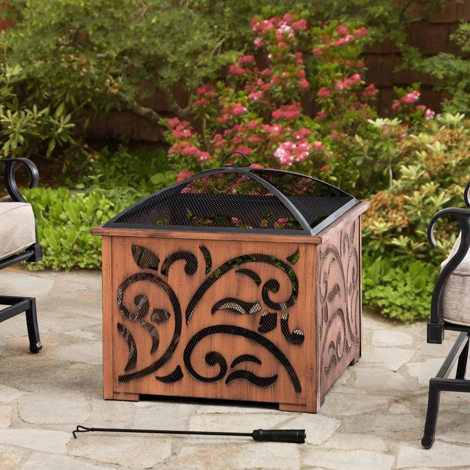 Sunjoy 26 Inch Fire Pit for Outside, Outdoor Wood Burning Firepit with Steel Mesh Spark Screen and Fire Poker, Large Bonfire for Patio and Backyard