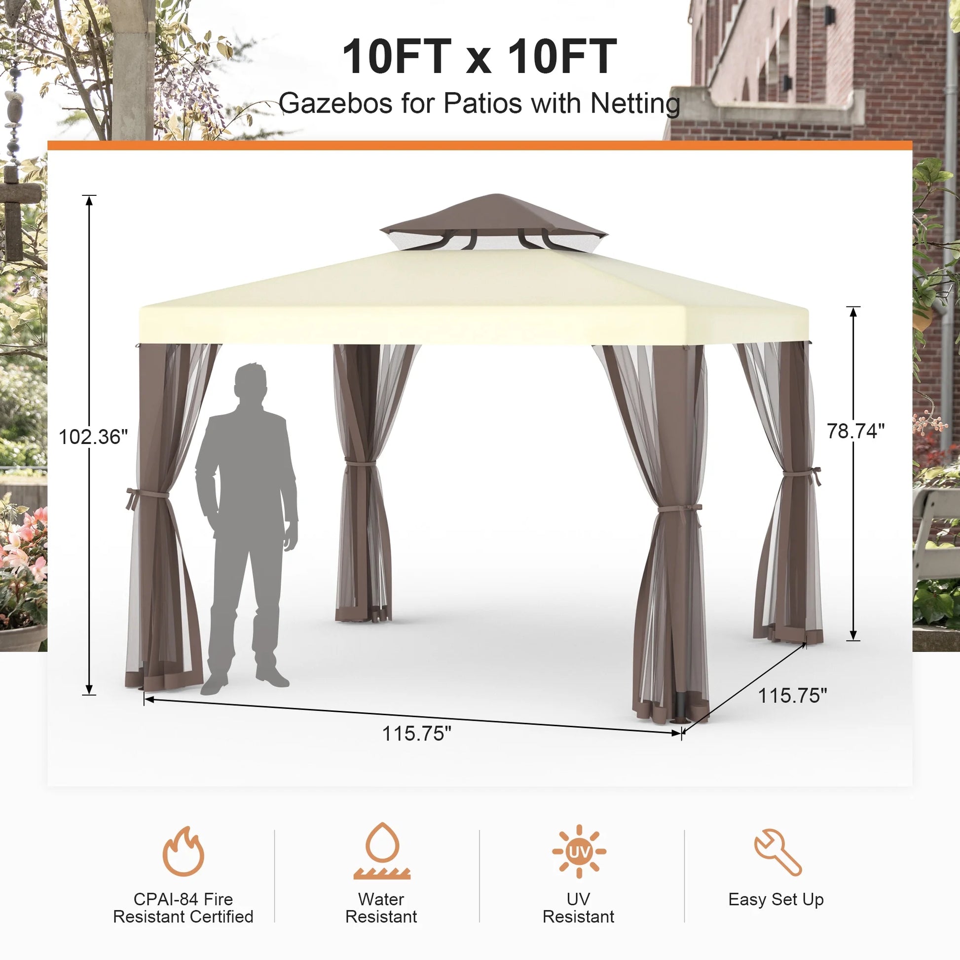 10'x10' Patio Gazebo Tent Outdoor Canopy Shelter w/Mosquito Netting & 2-Tiered Vented Top for Garden, Backyard Deck And Lawns