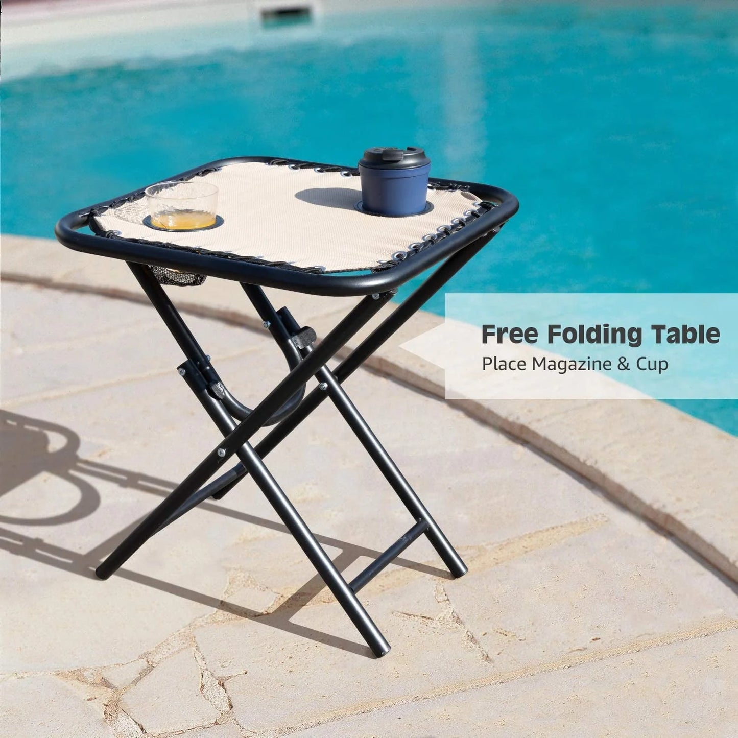 Vineego 3 Pieces Zero Gravity Chair Patio Foldable Chaise Lounge Chairs 2 Beach Chairs and Table with Cup Holders,Beige
