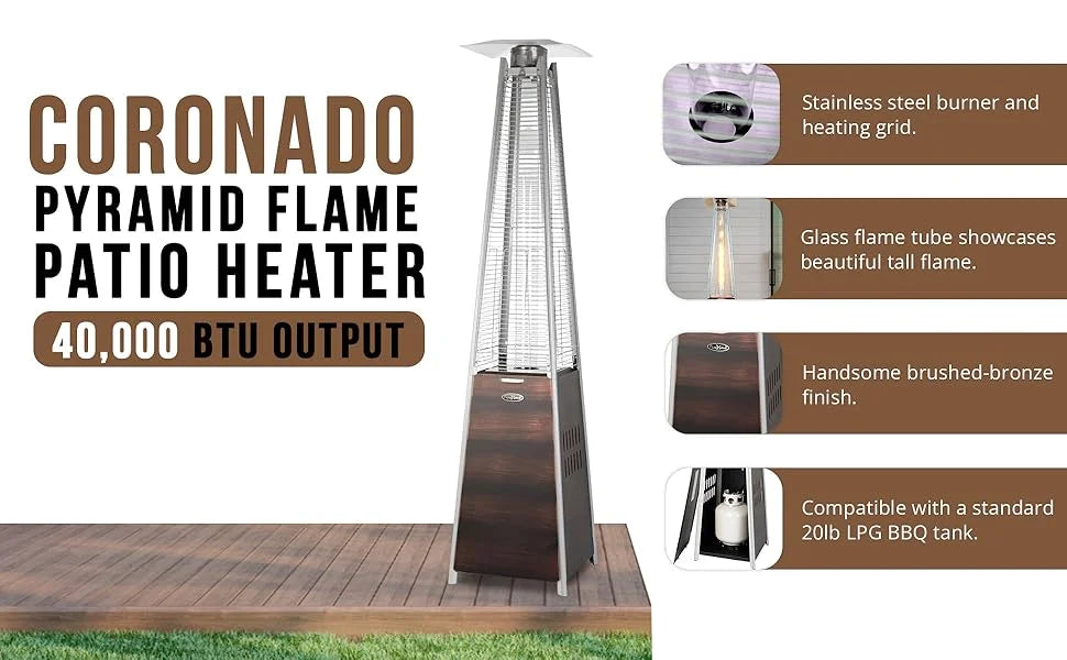 Fire Sense Pyramid Flame Patio outdoor propane Heater Tower with Wheels Coronado Brushed Bronze