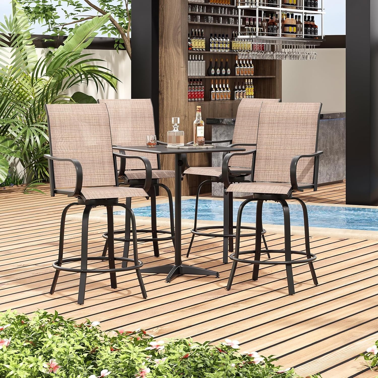 Farini Outdoor Bar Stools Set of 2, 360° Swivel Patio Barstools with Textile Fabric,Ergonomic Comfort Bar Height Tall Outdoor Stools for Balcony,Brown