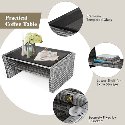 Costway 4PCS Patio Rattan Furniture Set Sofa Table Storage Shelf Black Cushion