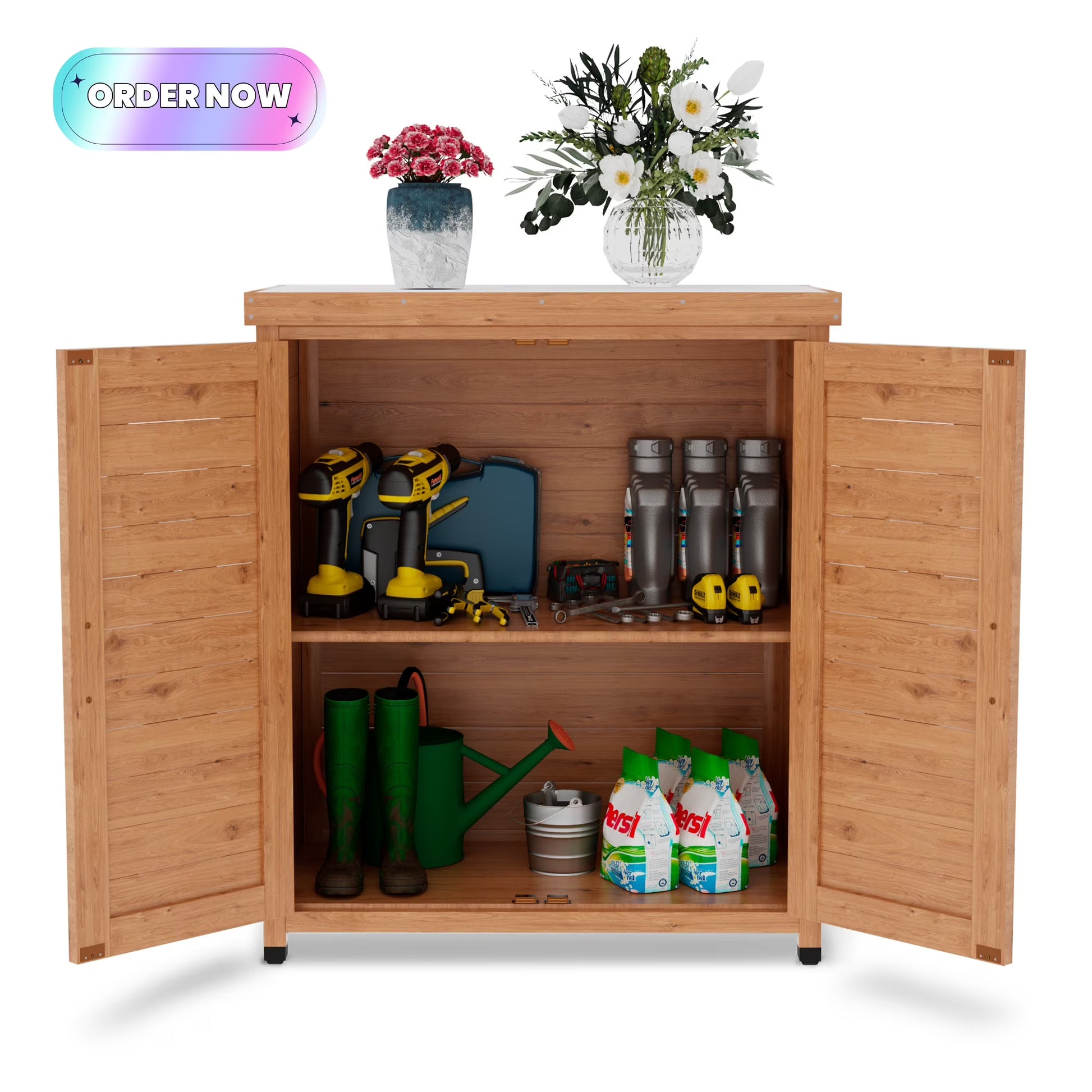 Tcbosik Outdoor Storage Cabinet & Potting Bench Table, Wooden Patio Furniture with Metal Top, Garden Workstation for Backyard, Lawn, Deck, Balcony, Gray