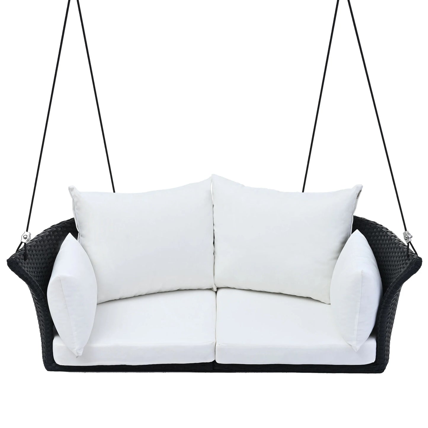 51.9" 2 Seat Patio Swing Chair, Rattan Woven Porch Swing with Adjustable Ropes, Cushion and Pillow, Wicker Outdoor Hanging Bench for Garden Yard, 500LBS Weight Capacity, Black and White