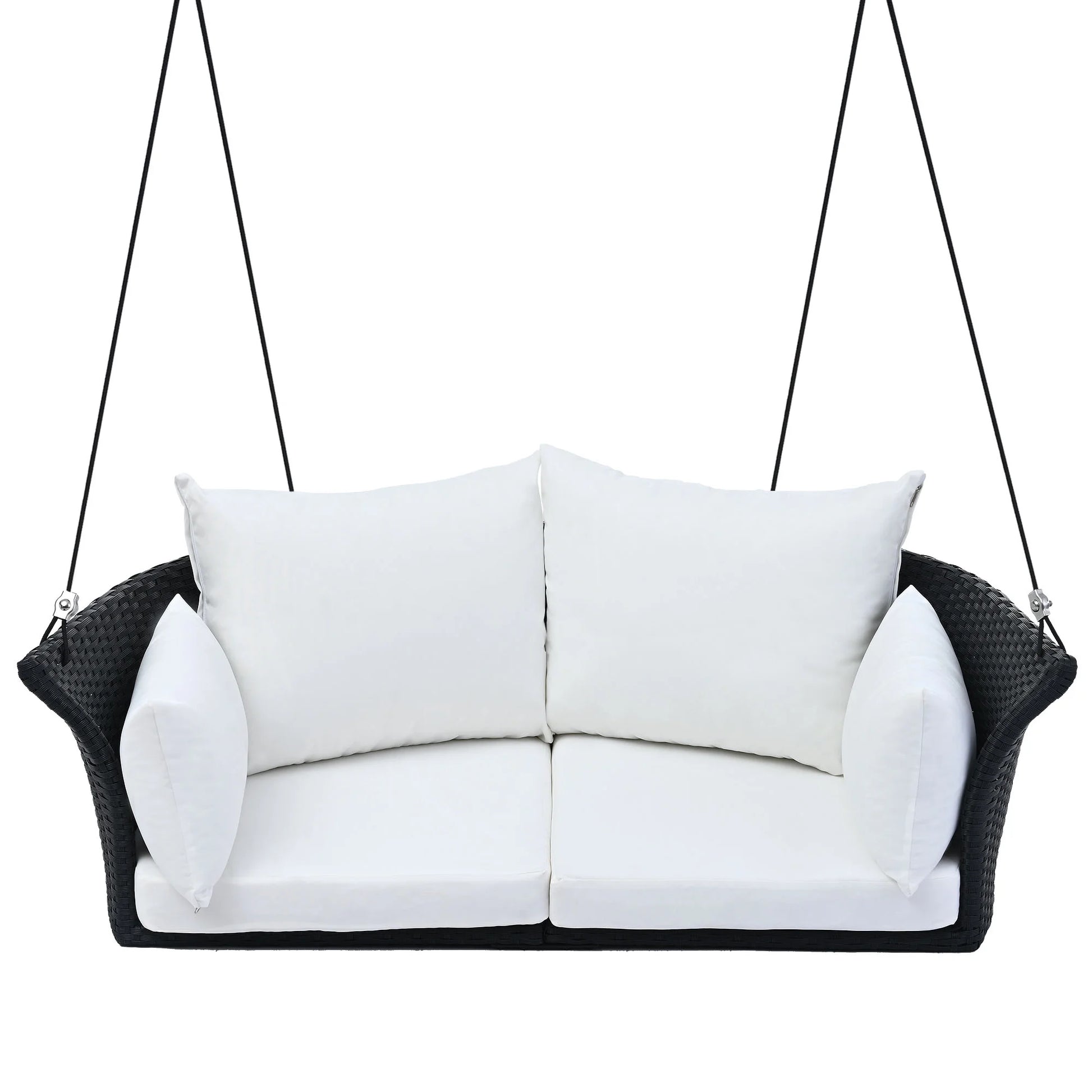 51.9" 2 Seat Patio Swing Chair, Rattan Woven Porch Swing with Adjustable Ropes, Cushion and Pillow, Wicker Outdoor Hanging Bench for Garden Yard, 500LBS Weight Capacity, Black and White