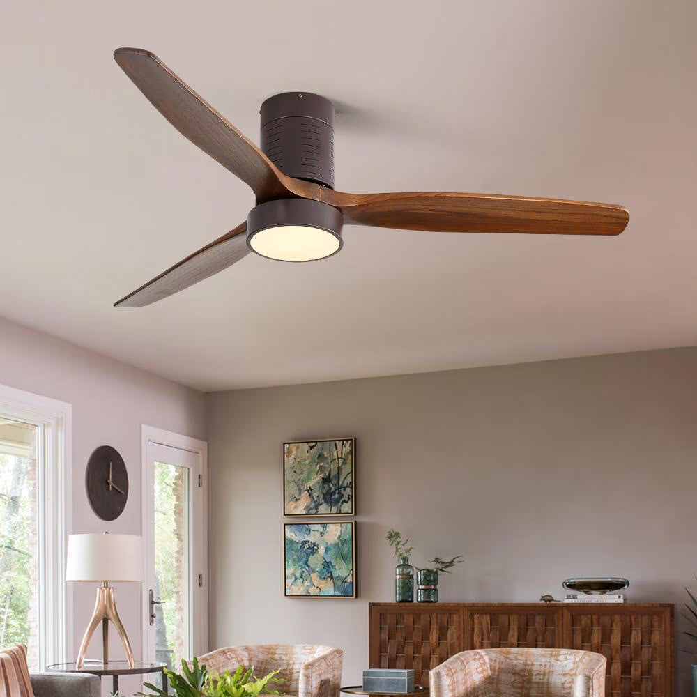 IVV 52 Inch Classic Flush Mount LED Ceiling Fan with Light, Remote Control, Reversible Motor, 6 Speed, 3 Wooden Blades for Bedroom Living Room Patio - Walnut