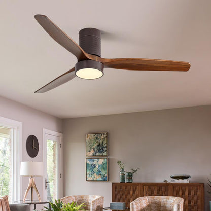 IVV 52 Inch Classic Flush Mount LED Ceiling Fan with Light, Remote Control, Reversible Motor, 6 Speed, 3 Wooden Blades for Bedroom Living Room Patio - Walnut