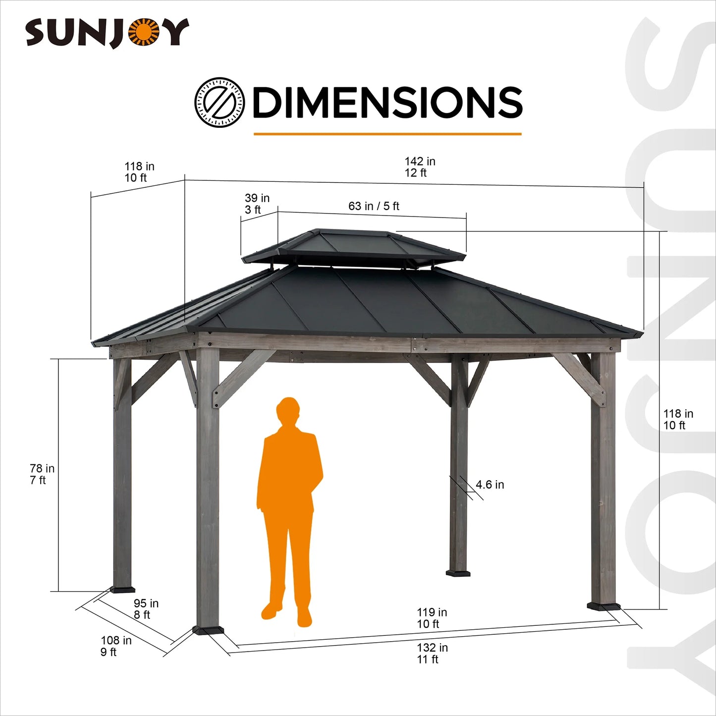 SUNJOY 10 x 12 ft. Wood Gazebo, Outdoor Patio Steel Hardtop Gazebo, Cedar Framed Wooden Gazebo with 2-Tier Metal Roof, Suitable for Patios, Lawn and Backyard, Matte Black Roof + Gray Wood Frame