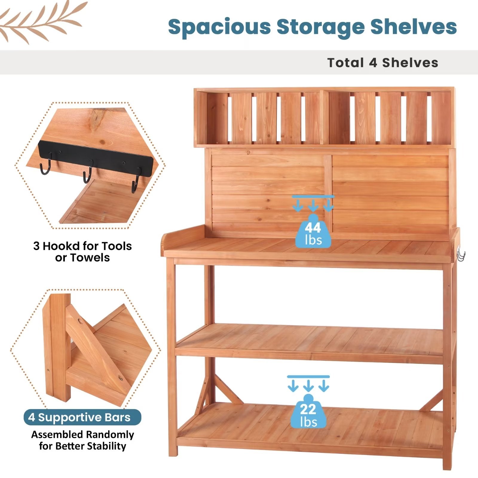 65" Outdoor Potting Bench Table, Farmhouse Wooden Garden Patio Workstation with 4 Storage Shelves and 3 Side Hooks, Multifunctional Potting Planting Table for Mudroom, Backyard, Natural