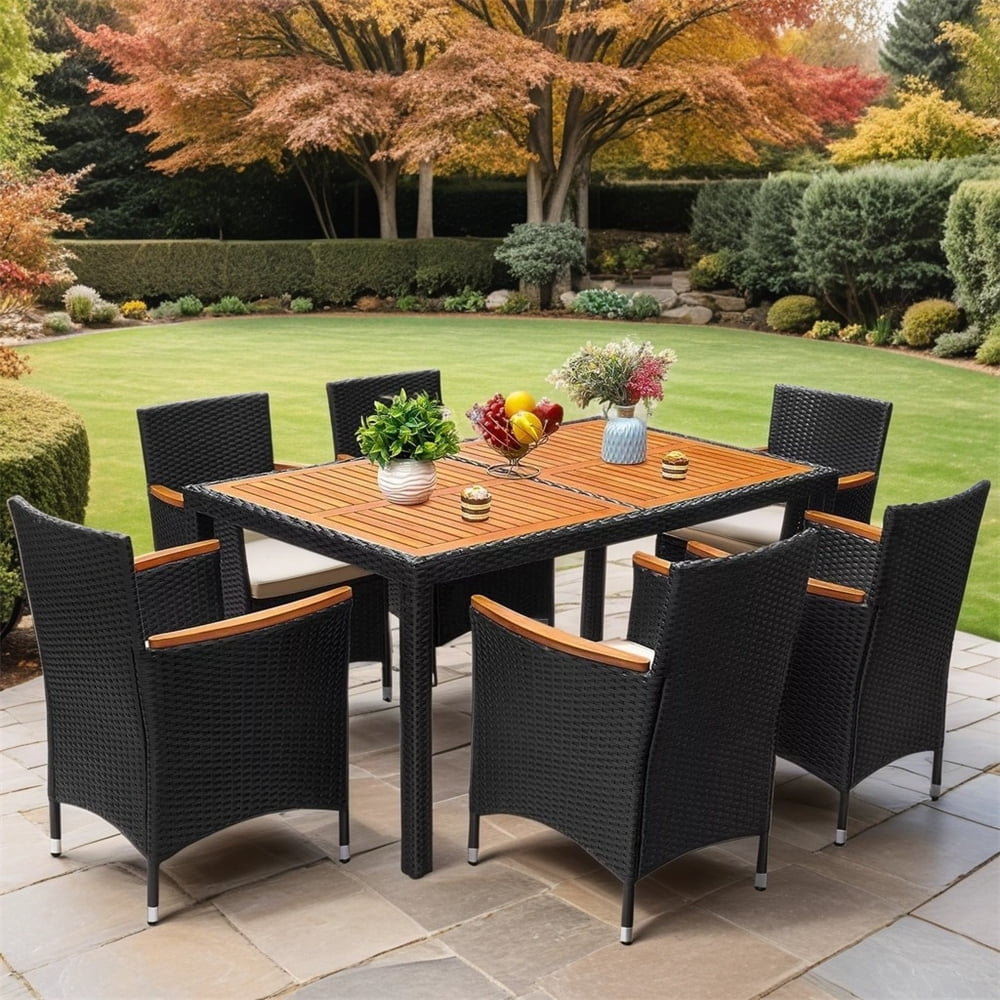 7 Pieces Outdoor Patio Dining Set, Patio Wicker Furniture Dining Set with 6 Chairs and Acacia Wood Top for Yard, Garden, Porch and Poolside, Black