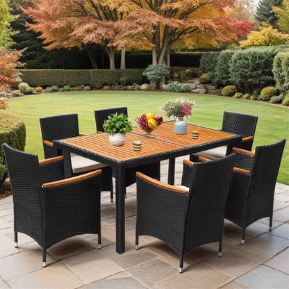 7 Pieces Outdoor Patio Dining Set, Patio Wicker Furniture Dining Set with 6 Chairs and Acacia Wood Top for Yard, Garden, Porch and Poolside, Black