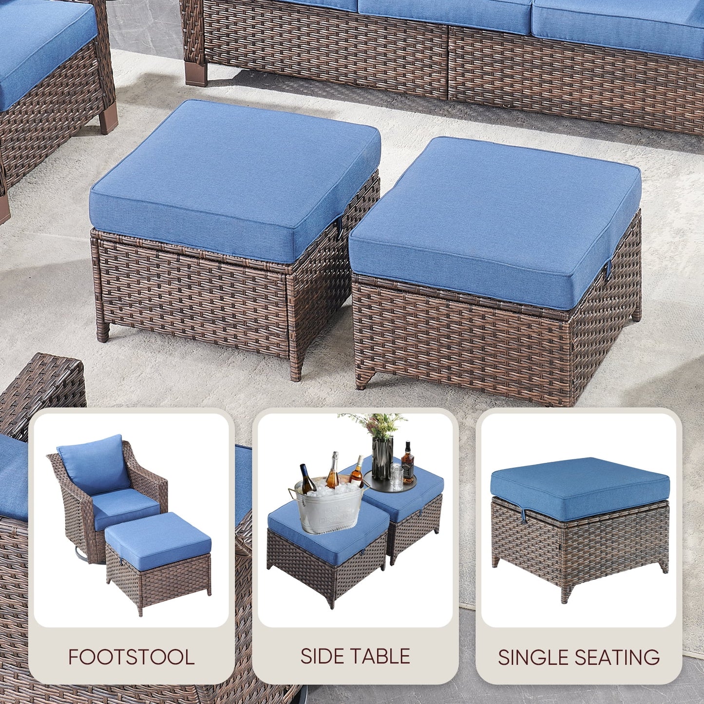 Gymojoy 6-Piece Patio Furniture Set, Oversized Outdoor Wicker Sofa with Swivel Chairs and Coffee Table, Sectional Rattan Outdoor Conversation Set for Poolside Backyard Deck, Blue