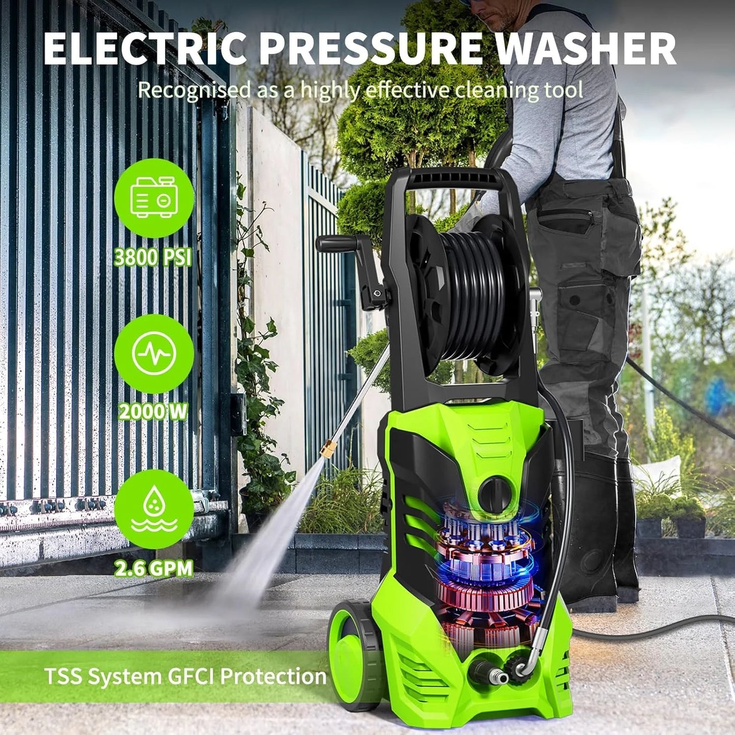 Fenbeli Electric Pressure Washer, 3800 PSI 2.6GPM Power Washer for Cars, Fences and Patios