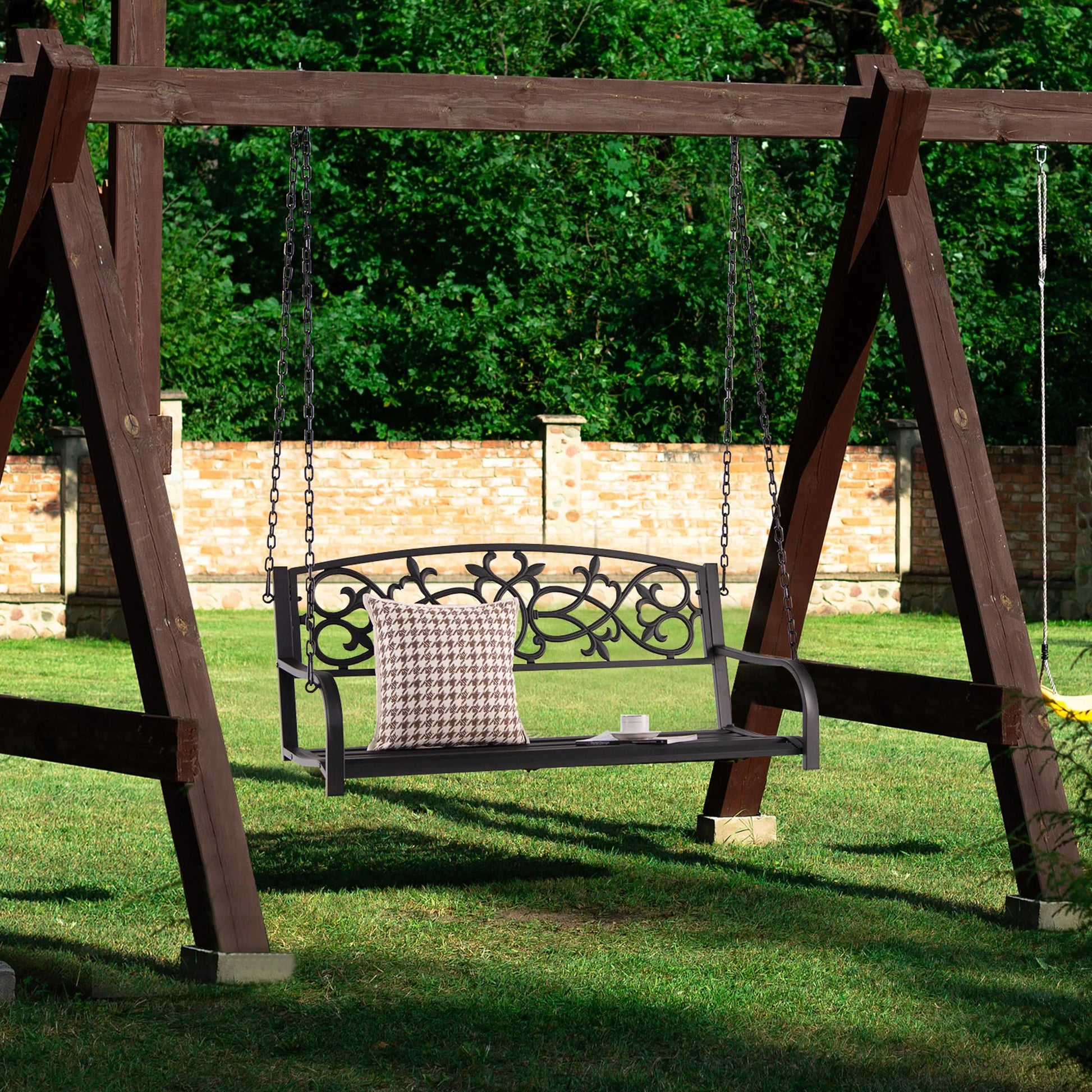 Gymax Patio Hanging Porch Swing 2-Person Outdoor Metal Swing Bench Chair w/Chains Brown