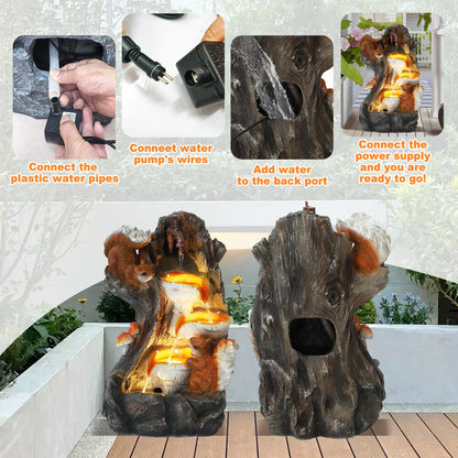 Magic Union Outdoor Water Fountain, Garden Decor Outside Indoor Waterfall Cascading Rock Fountain with Retro Decorative Faucet, Patio Resin Fountains for Yard, Deck, Porch and Home, Imitation Stump