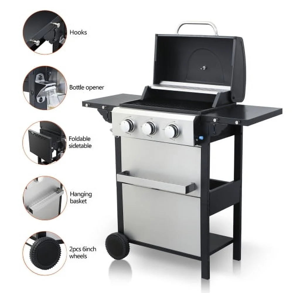 Yiweny 3 Burner BBQ Propane Gas Grill, Stainless Steel 25650 BTU Patio Garden Barbecue Grill with Bottle Opener, Two Foldable Side Shelves & Thermometer, Perfect for Camping, Outdoor Cooking.